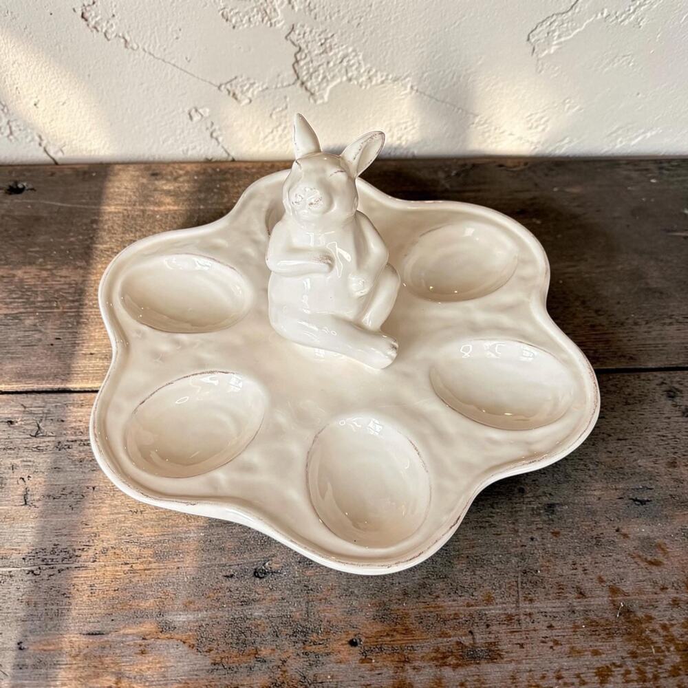 Vintage Ceramic Bunny Deviled Egg Platter, Easter Spring Serving Dish